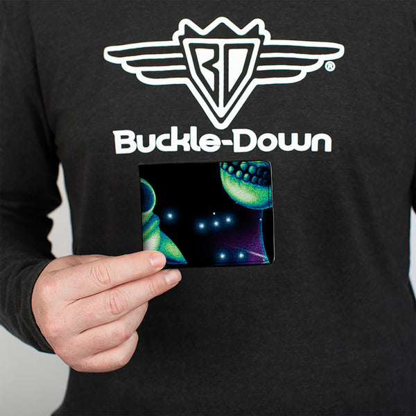 Buckle-Down Bi-Fold Wallet - Rick And Morty Glow Skull In Space Scattered Black Blues Greens