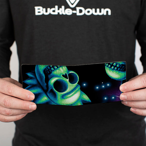 Buckle-Down Bi-Fold Wallet - Rick And Morty Glow Skull In Space Scattered Black Blues Greens
