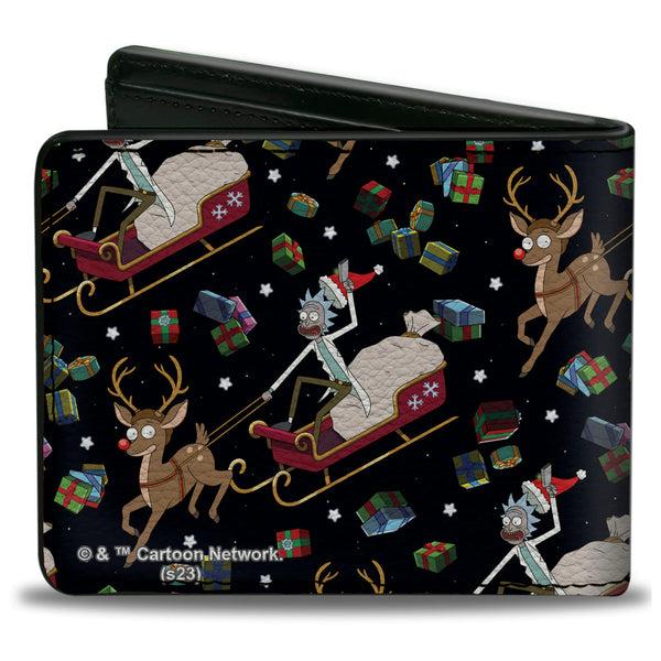 Buckle-Down Bi-Fold Wallet - Rick And Morty Holiday Santa Rick Reindeer Sled Pose And Packages Collage Black