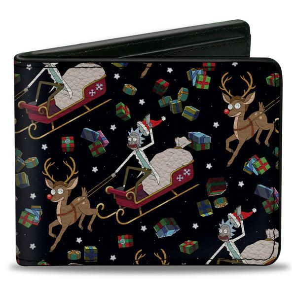 Buckle-Down Bi-Fold Wallet - Rick and Morty Holiday Santa Rick Reindeer Sled Pose and Packages Collage Black
