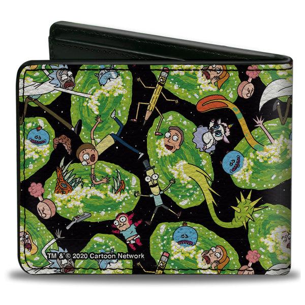 Buckle-Down Bi-Fold Wallet - Rick And Morty Portal Multi Character Scattered Black/Green