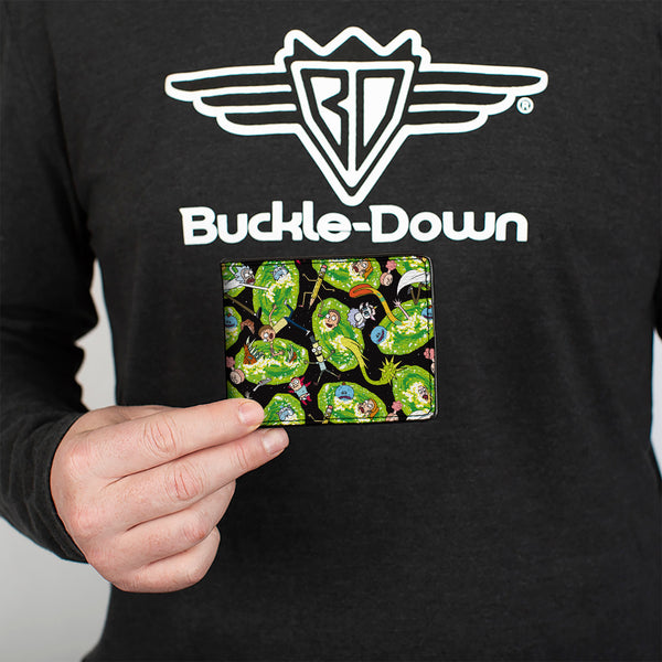 Buckle-Down Bi-Fold Wallet - Rick And Morty Portal Multi Character Scattered Black/Green