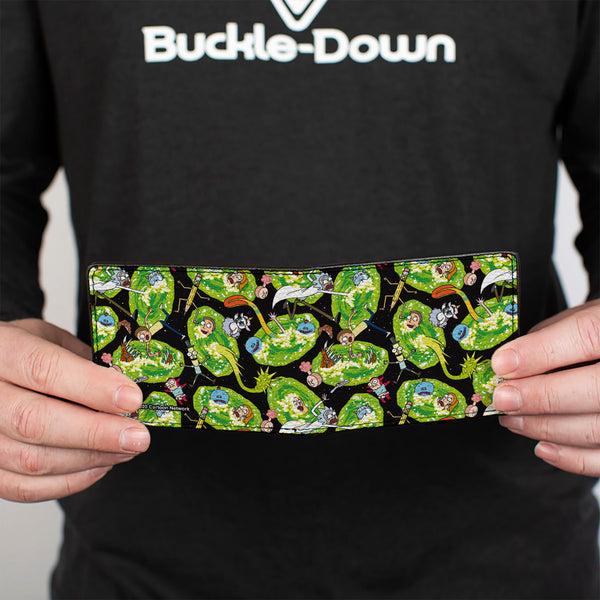 Buckle-Down Bi-Fold Wallet - Rick And Morty Portal Multi Character Scattered Black/Green