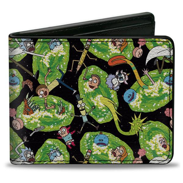 Buckle-Down Bi-Fold Wallet - Rick and Morty Portal Multi Character Scattered Black/Green
