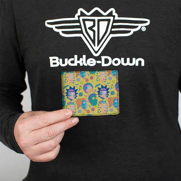 Buckle-Down Bi-Fold Wallet - Rick And Morty Smith Family Faces And Cells Collage Yellow
