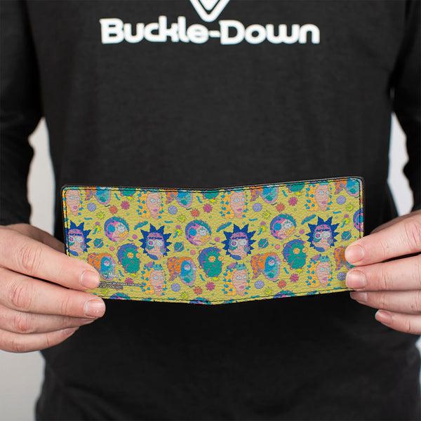 Buckle-Down Bi-Fold Wallet - Rick And Morty Smith Family Faces And Cells Collage Yellow