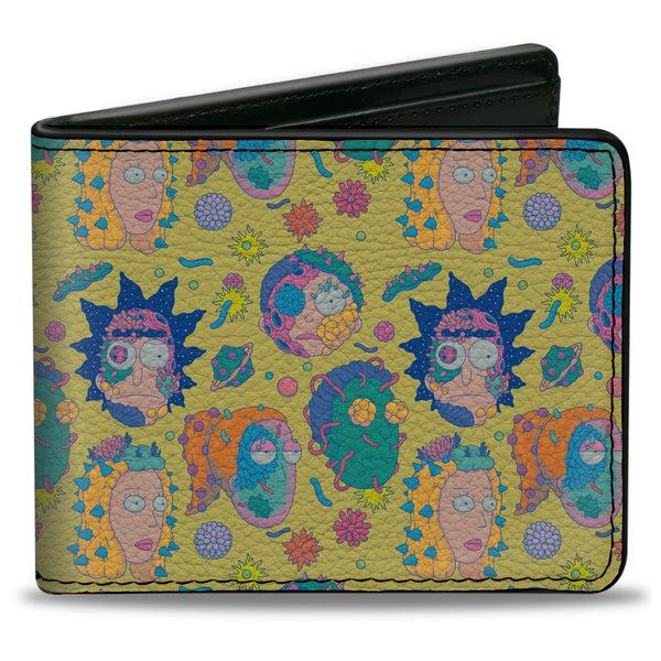 Buckle-Down Bi-Fold Wallet - Rick and Morty Smith Family Faces and Cells Collage Yellow