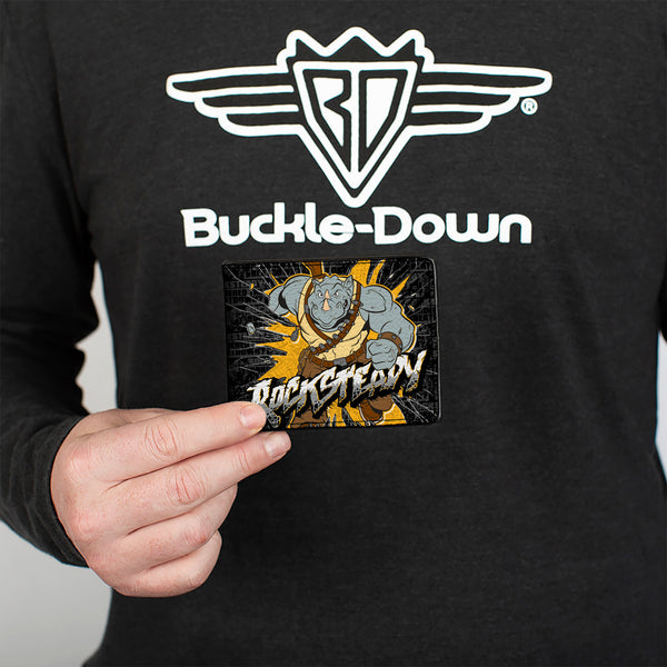 Buckle-Down Bi-Fold Wallet - ROCKSTEADY Break Through Pose WHO ORDERED THE BEATDOWN Blocks Black Grays Gold