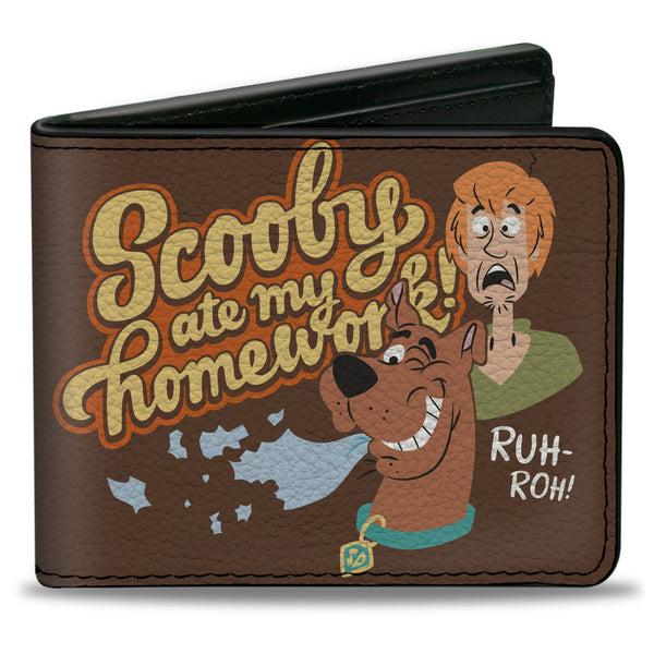 Buckle-Down Bi-Fold Wallet - Scooby Doo and Shaggy SCOOBY ATE MY HOMEWORK Pose Brown