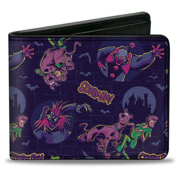 Buckle-Down Bi-Fold Wallet - SCOOBY-DOO and Shaggy with Ghost Clown Poses Scattered Purples
