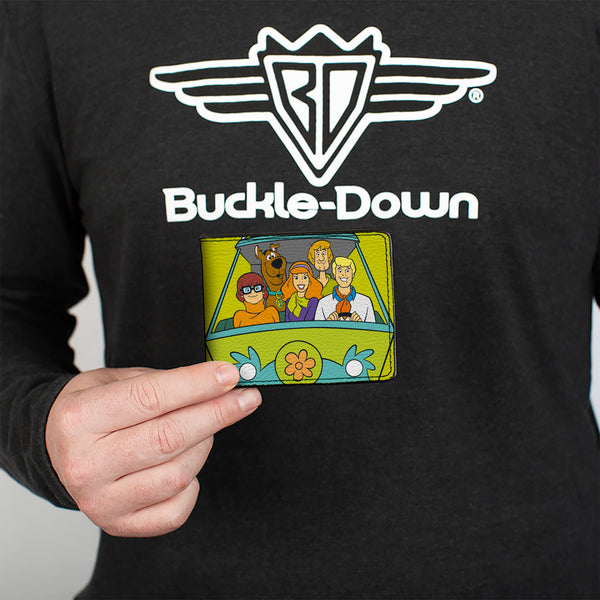 Buckle-Down Bi-Fold Wallet - Scooby Doo Group Driving Mystery Machine Front Pose + Text Yellow