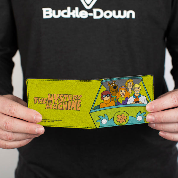Buckle-Down Bi-Fold Wallet - Scooby Doo Group Driving Mystery Machine Front Pose + Text Yellow