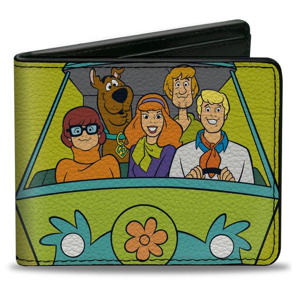 Buckle-Down Bi-Fold Wallet - Scooby Doo Group Driving Mystery Machine Front Pose + Text Yellow