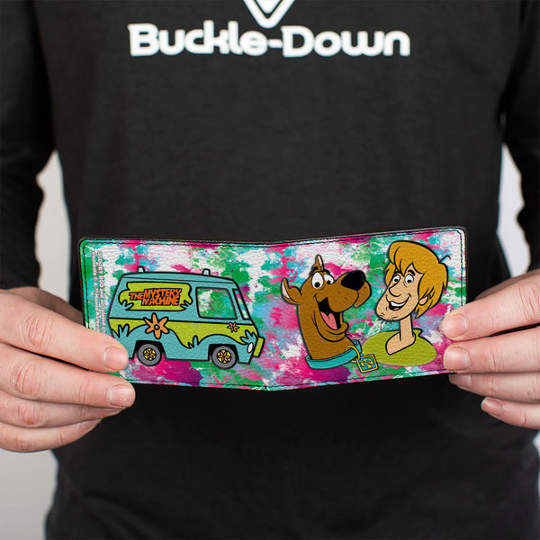 Buckle-Down Bi-Fold Wallet - Scooby & Shaggy Smiling + Mystery Machine Splatter White Pinks Greens