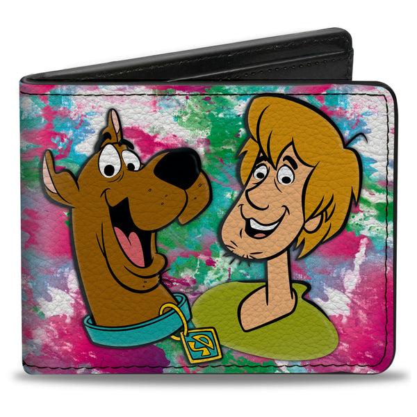 Buckle-Down Bi-Fold Wallet - Scooby & Shaggy Smiling + Mystery Machine Splatter White Pinks Greens