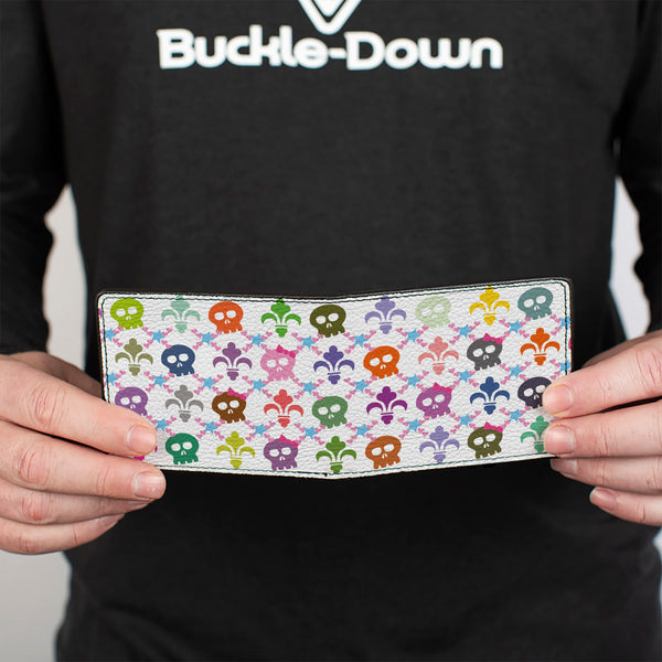 Buckle-Down Bi-Fold Wallet - Skull & Fleur-de-Lis White Multi Color