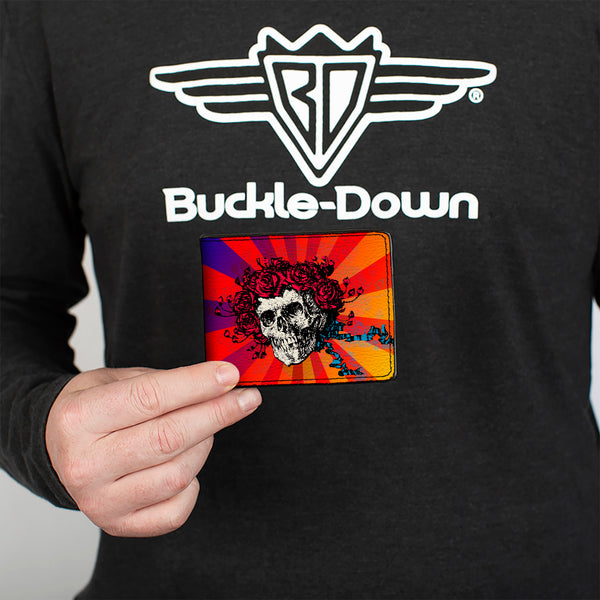 Buckle-Down Bi-Fold Wallet - Skull & Roses Rays Ombre Orange Reds Blues