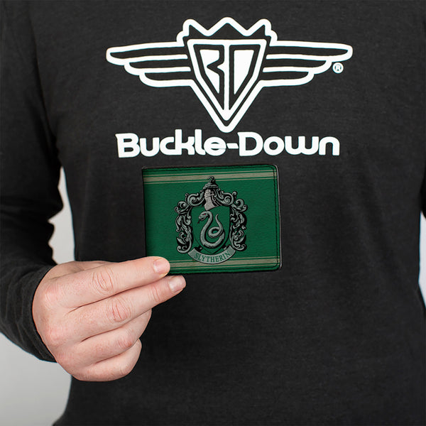 Buckle-Down Bi-Fold Wallet - SLYTHERIN Crest Stripe6 Weathered Greens Grays