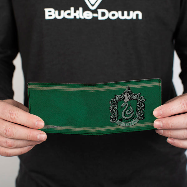 Buckle-Down Bi-Fold Wallet - SLYTHERIN Crest Stripe6 Weathered Greens Grays