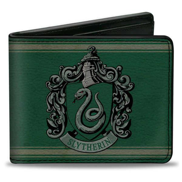 Buckle-Down Bi-Fold Wallet - SLYTHERIN Crest Stripe6 Weathered Greens Grays