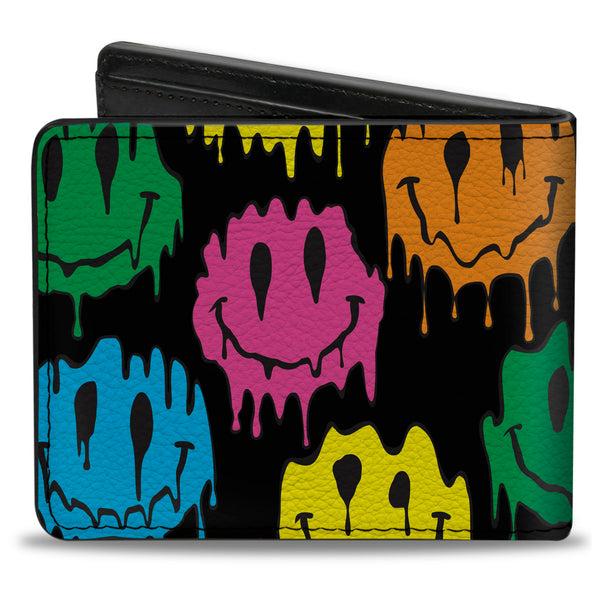 Buckle-Down Bi-Fold Wallet - Smiley Face Melted Repeat Black Multi Neon