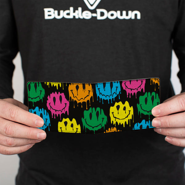 Buckle-Down Bi-Fold Wallet - Smiley Face Melted Repeat Black Multi Neon