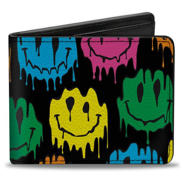 Buckle-Down Bi-Fold Wallet - Smiley Face Melted Repeat Black Multi Neon