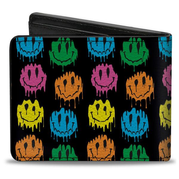 Buckle-Down Bi-Fold Wallet - Smiley Faces Melted Mini Repeat Black Multi Neon