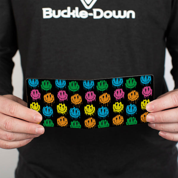 Buckle-Down Bi-Fold Wallet - Smiley Faces Melted Mini Repeat Black Multi Neon