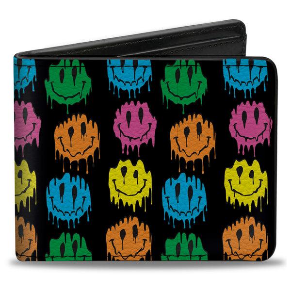 Buckle-Down Bi-Fold Wallet - Smiley Faces Melted Mini Repeat Black Multi Neon