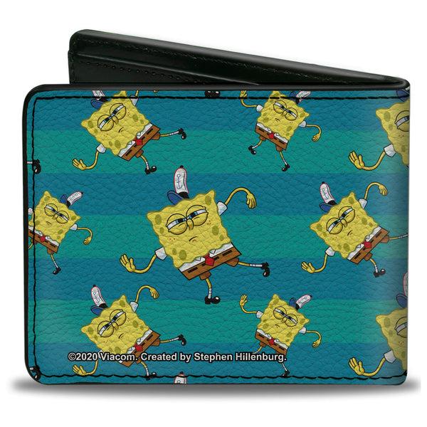 Buckle-Down Bi-Fold Wallet - SpongeBob Dancing Pose Scattered Stripe Teal Blues