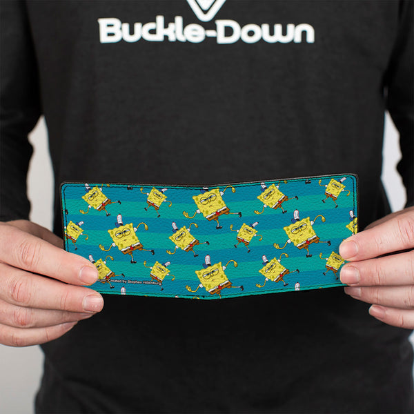 Buckle-Down Bi-Fold Wallet - SpongeBob Dancing Pose Scattered Stripe Teal Blues