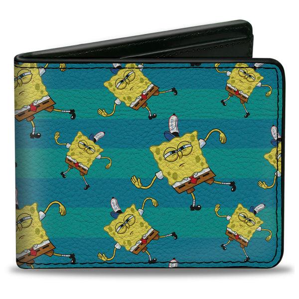 Buckle-Down Bi-Fold Wallet - SpongeBob Dancing Pose Scattered Stripe Teal Blues