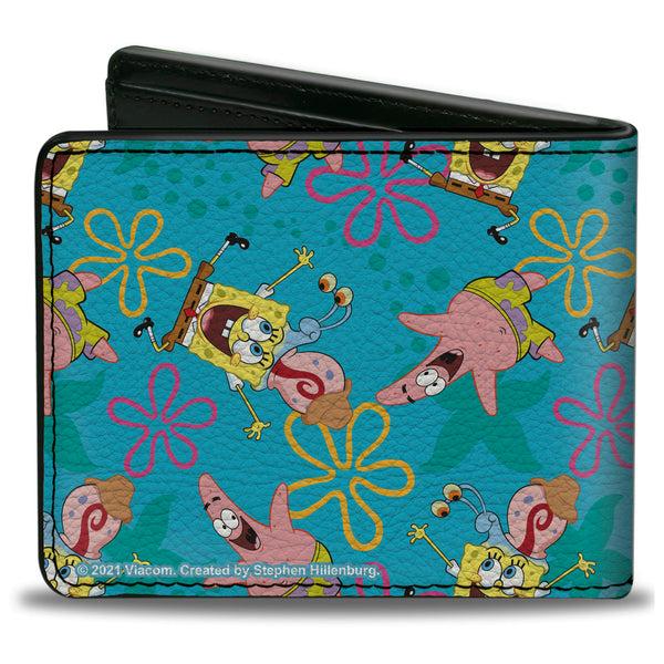 Buckle-Down Bi-Fold Wallet - SpongeBob Patrick And Gary Joy Poses And Flowers Scattered Blue