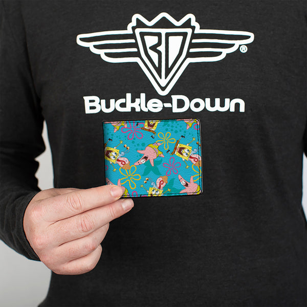 Buckle-Down Bi-Fold Wallet - SpongeBob Patrick And Gary Joy Poses And Flowers Scattered Blue