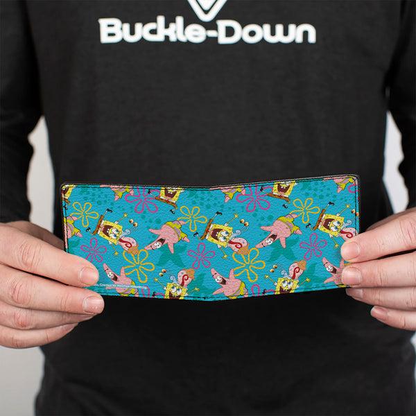 Buckle-Down Bi-Fold Wallet - SpongeBob Patrick And Gary Joy Poses And Flowers Scattered Blue