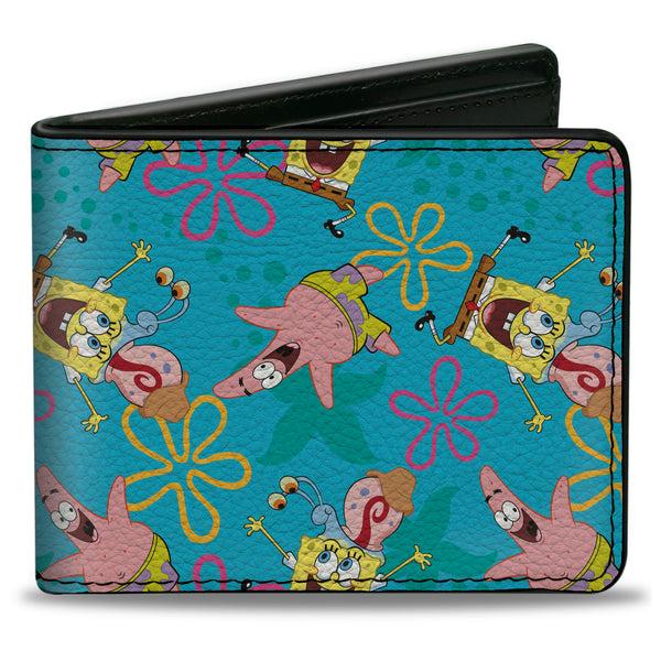 Buckle-Down Bi-Fold Wallet - SpongeBob Patrick and Gary Joy Poses and Flowers Scattered Blue