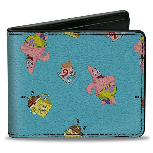 Buckle-Down Bi-Fold Wallet - SpongeBob Patrick and Gary Poses Scattered Bright Blue