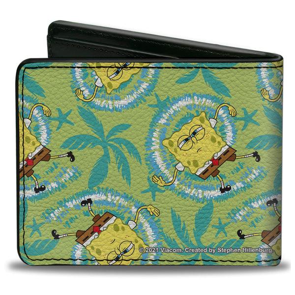 Buckle-Down Bi-Fold Wallet - SpongeBob Wavy Noodle Arm Pose Tropical Tie Dye Green Blue White