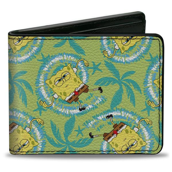 Buckle-Down Bi-Fold Wallet - SpongeBob Wavy Noodle Arm Pose Tropical Tie Dye Green Blue White