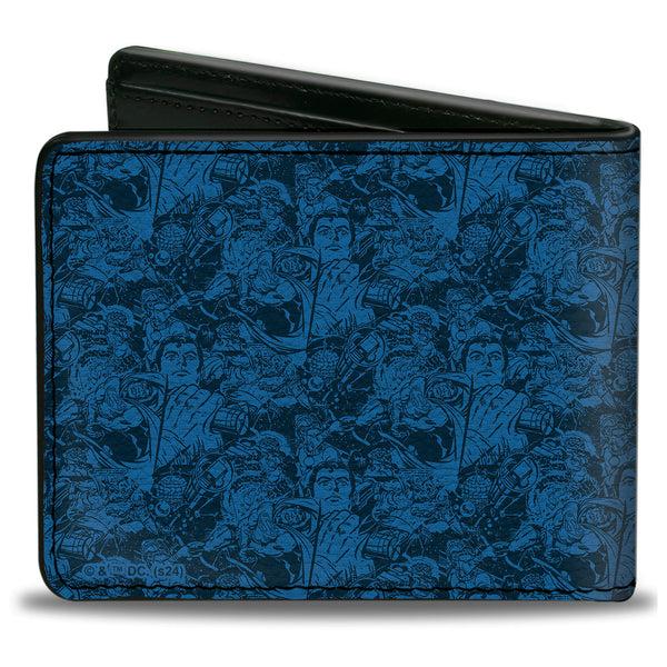 Buckle-Down Bi-Fold Wallet - Superman Breaking Chains Pose And Action Poses Stacked Blues