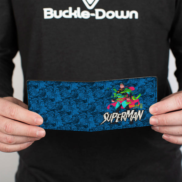 Buckle-Down Bi-Fold Wallet - Superman Breaking Chains Pose And Action Poses Stacked Blues