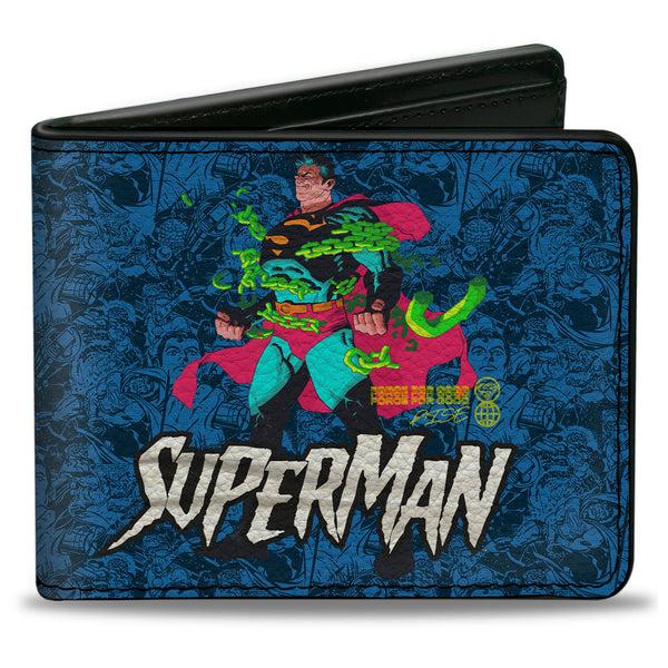 Buckle-Down Bi-Fold Wallet - Superman Breaking Chains Pose and Action Poses Stacked Blues