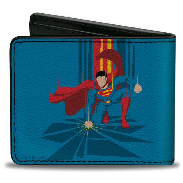 Buckle-Down Bi-Fold Wallet - Superman Down Punch Silhouette Pose Blues/Reds/Yellow