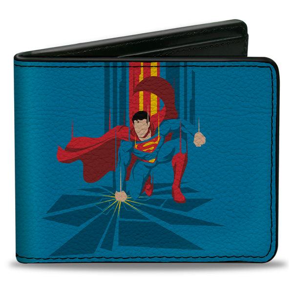 Buckle-Down Bi-Fold Wallet - Superman Down Punch Silhouette Pose Blues/Reds/Yellow
