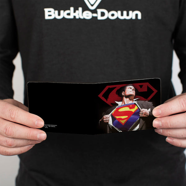 Buckle-Down Bi-Fold Wallet - Superman Forever Clark Kent-Superman Transition Shield Black Red