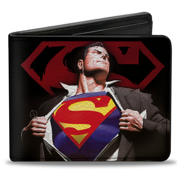 Buckle-Down Bi-Fold Wallet - Superman Forever Clark Kent-Superman Transition Shield Black Red
