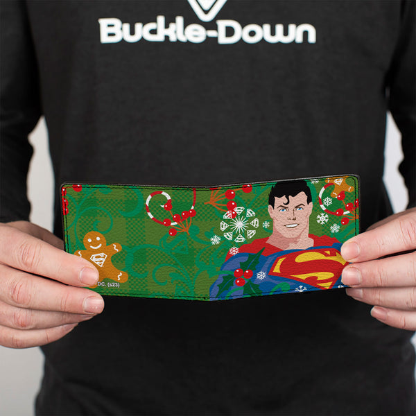 Buckle-Down Bi-Fold Wallet - Superman Holiday Christmas Pose And Icons Greens