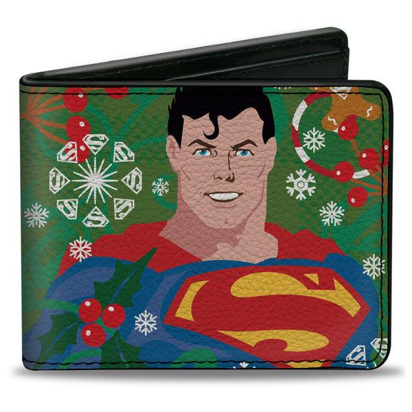 Buckle-Down Bi-Fold Wallet - Superman Holiday Christmas Pose and Icons Greens