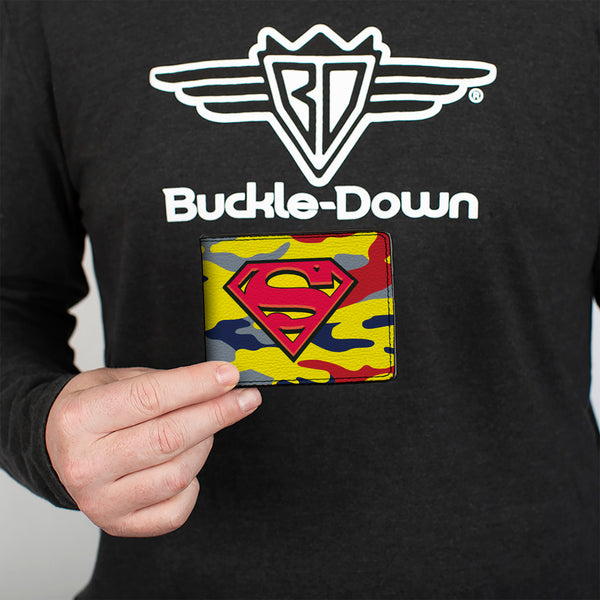 Buckle-Down Bi-Fold Wallet - Superman Shield Camo Yellow Gray Blue Red